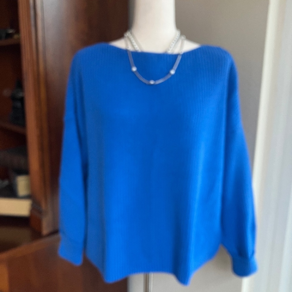 French Connection Mozart Blue Cotton Boatneck Crop Sweater  Size S